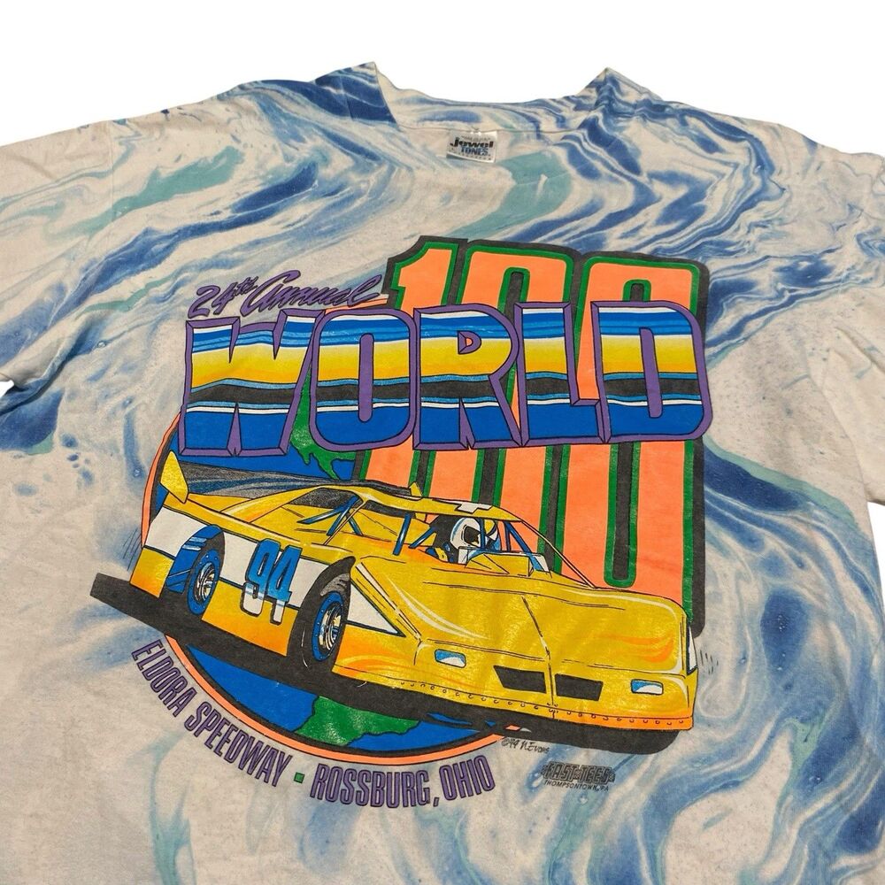 Vintage World 100 Tee Shirt Eldora Speedway Marble Tie Dye Dirt Racing NASCAR M